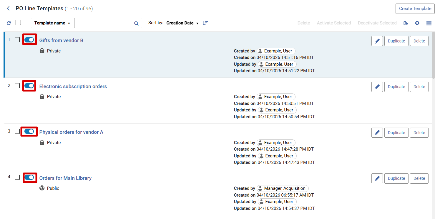 The set PO Line template option in templates list.